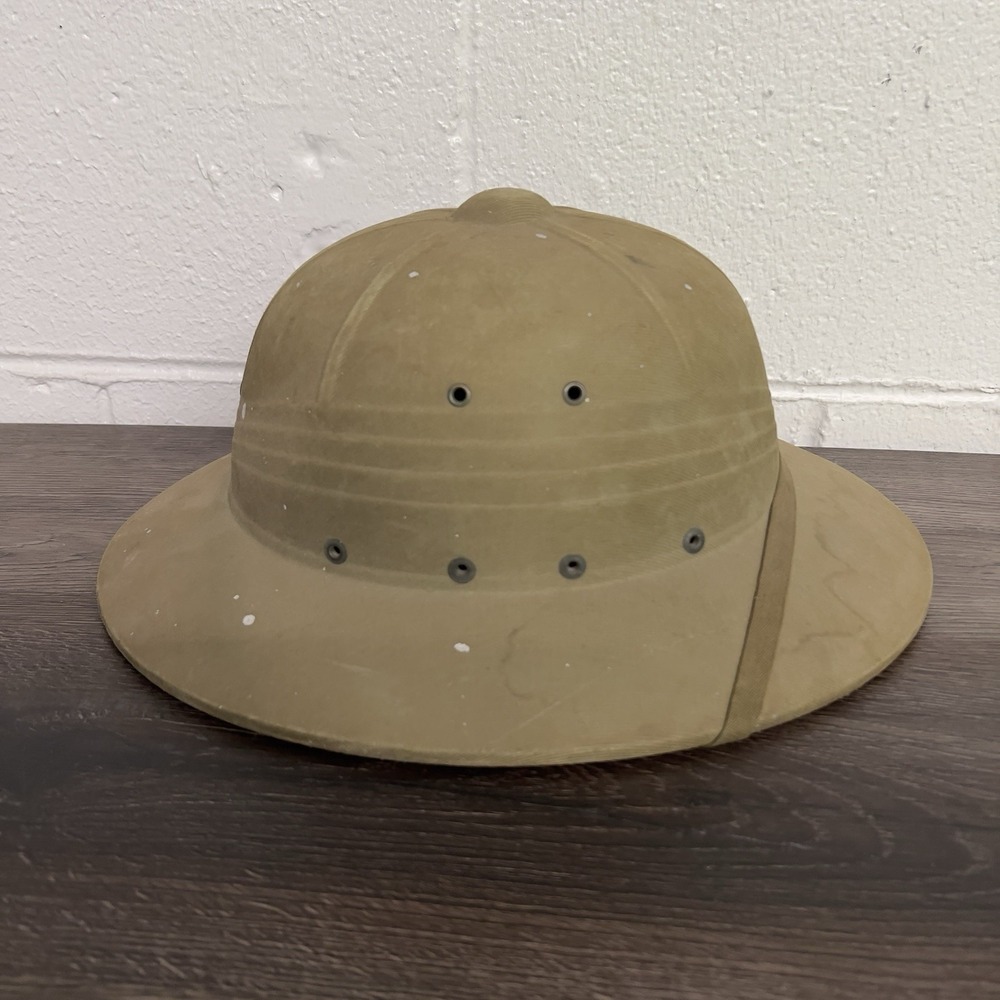 VTG Pith Safari Helmet Khaki Tan Green Colonial Tropical Sun Hat Chin Strap